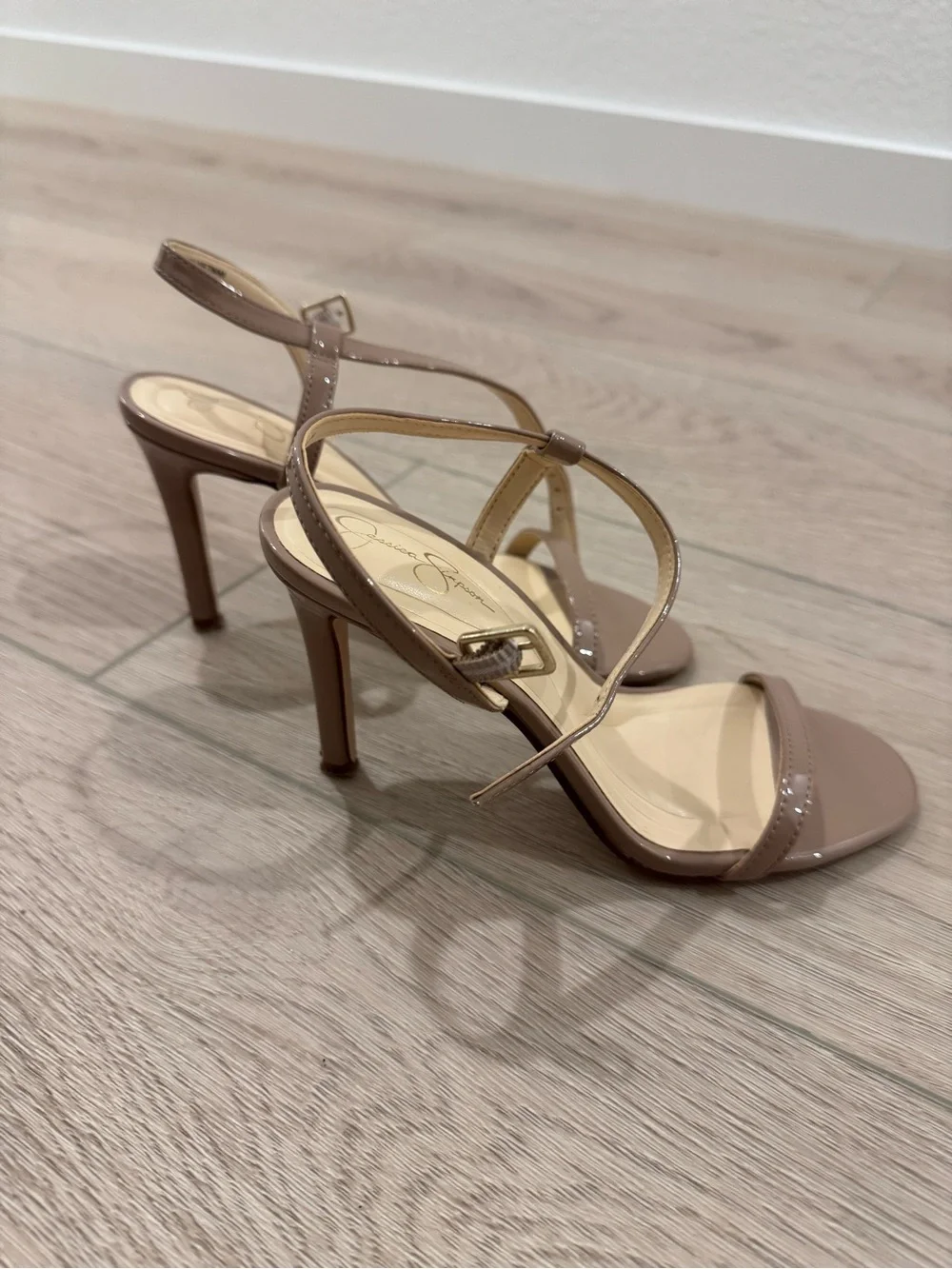 Nude Patent Strappy High Heel Sandals with Ankle Buckle